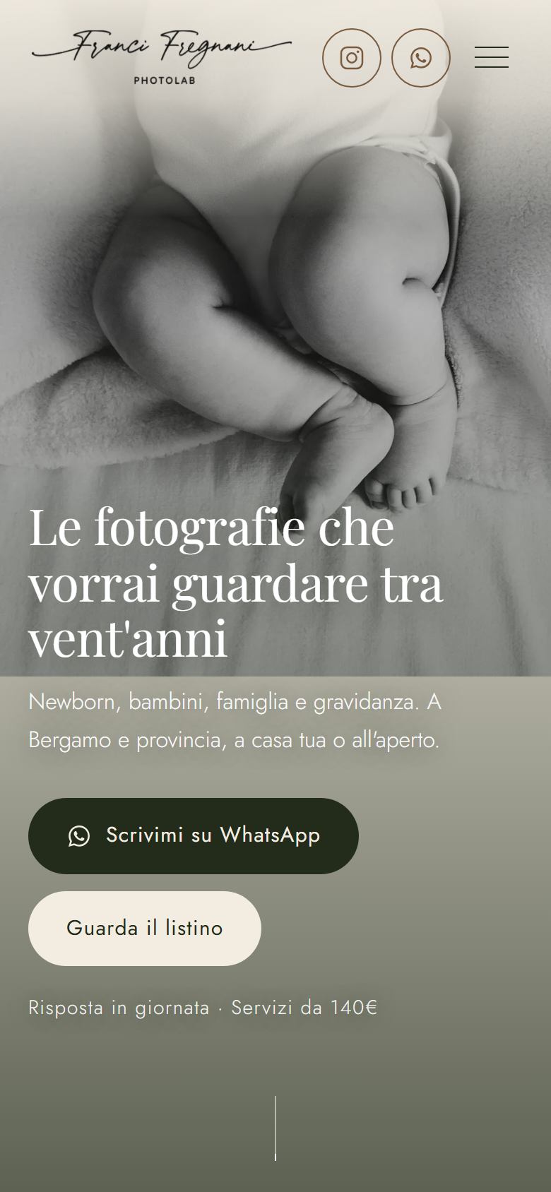 La prima schermata del sito di Franci Fregnani PhotoLab, vista su un telefono
